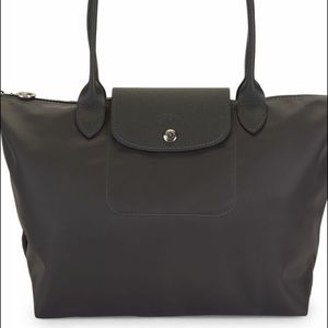 Longchamp black leather on black nylon tote